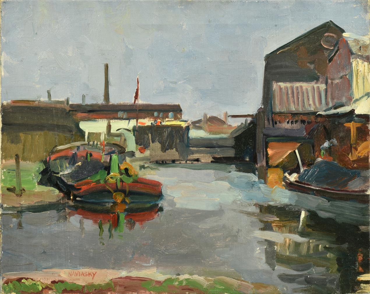 Philip Naviasky (1894-1983) Docklands with barge Signed, oil on canvas, 40cm by 50.5cm (unframed)