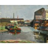 Philip Naviasky (1894-1983) Docklands with barge Signed, oil on canvas, 40cm by 50.5cm (unframed)