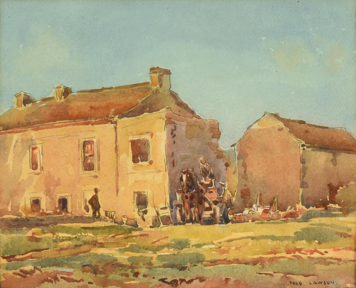 Frederick (Fred) Lawson (1888-1968) Cart horse and figures before buildings on a bright day