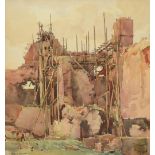 Frederick (Fred) Lawson (1888-1968) Repairs to Middleham Castle Signed, pencil and watercolour, 34cm