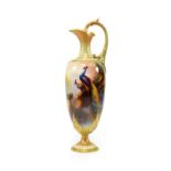 ^ A Royal Worcester Porcelain Ewer, by Charles White, 1907, of baluster form with leaf sheathed loop