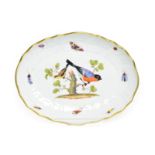 A Meissen Porcelain Oval Dish, late 19th century, painted with exotic birds in branches and with