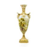 ^ A Royal Worcester Porcelain Vase, by Frank Roberts, 1911, of slender baluster form with mask