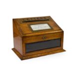 ~ A Brass Mounted Oak Country House Letter Box, of rectangular form, the hinged sloping top set with