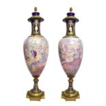 A Pair of Gilt Metal Mounted Sèvres Style Earthenware Vases and Covers, circa 1900, of baluster