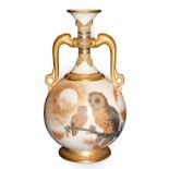 A Royal Worcester twin handled vase modelled in the Persian style, circa 1883, painted with two owls