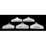 ~ Five Creamware Bin Labels, 19th century, inscribed in black P BRANDY, BURGUNDY, FRONTINIAC,