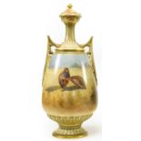 ^ A Royal Worcester Porcelain Vase and Cover, circa 1905, of baluster form with leaf sheathed