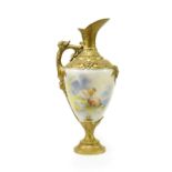 ^ A Royal Worcester Porcelain Ewer, by Harry Davis, circa 1910, of urn shape with scroll and mask