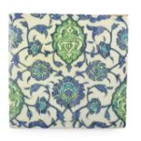A Damascus Pottery Tile, late 16th/early 17th century, painted in blue, green and turquoise with