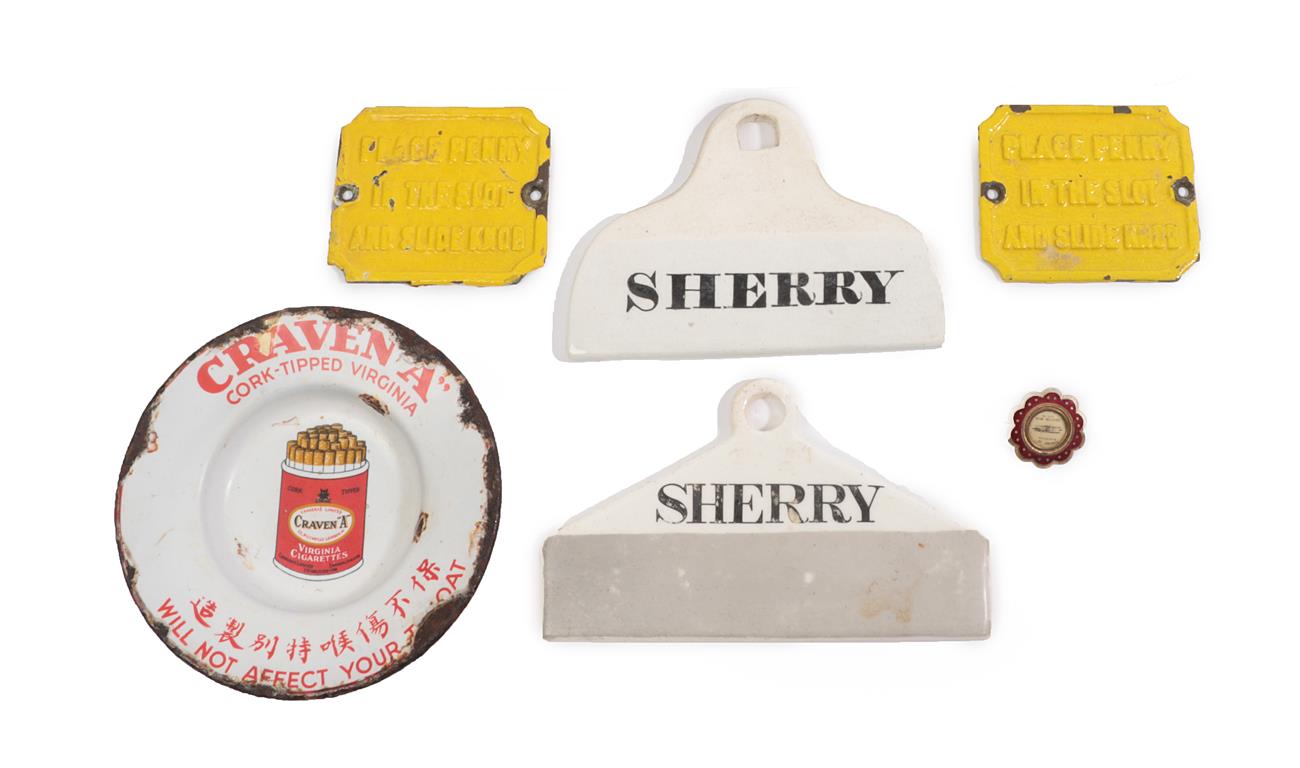 Two Creamware Bin Labels, 19th century, both inscribed SHERRY, 12cm wide; An Enamelled Gilt Metal