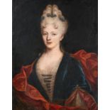 French School (18th century) Portrait of a lady, half length, wearing a blue velvet dress trimmed