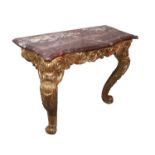 An Early 19th Century Gilt and Gesso Console Table, the later pink and white serpentine marble top