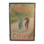 An Advertising Poster for Wearwell Cycles, depicting a male and female cyclist, 144cm by 96cm