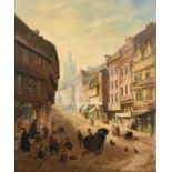 Samuel Dukinfield Swarbreck (Ex. 1852-1863) Old Newcastle street scene with figures Signed, oil on