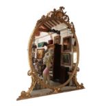 A Large Louis XVI Style Giltwood and Gesso Overmantel Mirror, 19th century, the oval mirror plate