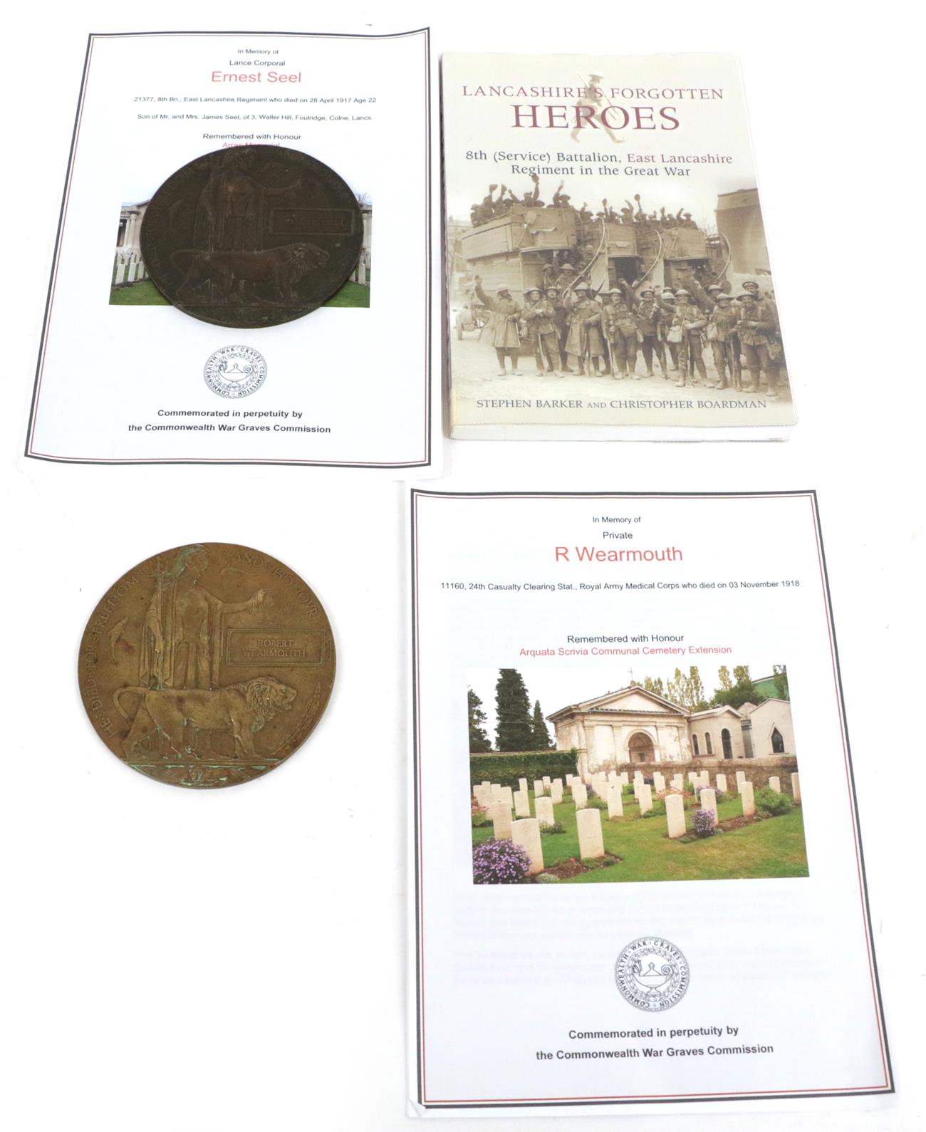 Two First World War Memorial Plaques, to:- ERNEST SEEL, with photocopied research material and a