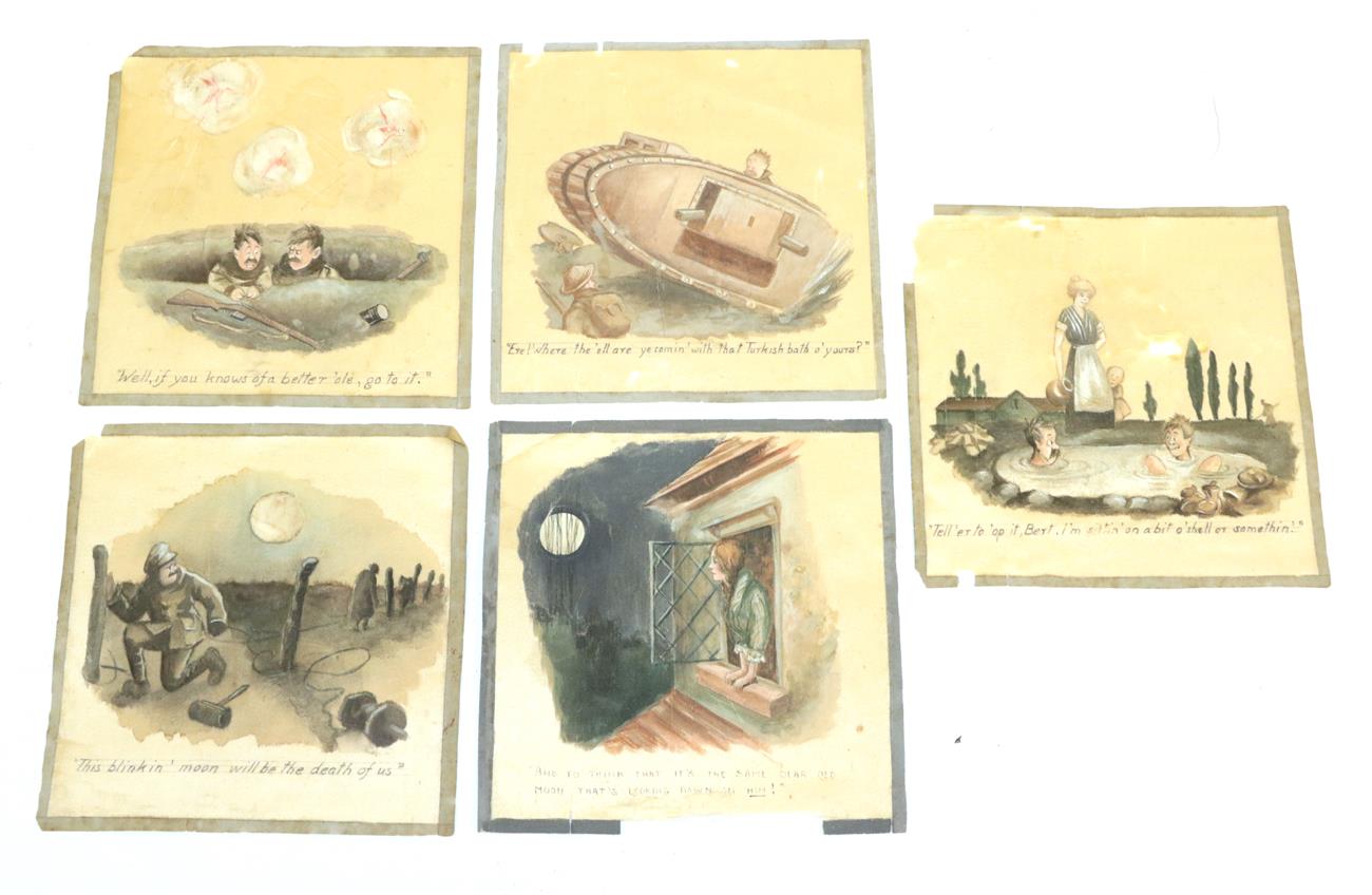 A Set of Five Bruce Bairnsfather Silk Pictures, of square form, each painted with a differing scene,