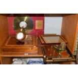 Sundry desk items including an ebony ruler, also photo frames, glass and brass tray, marquetry box