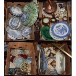 Large assorted lot Victorian pottery, tiles and metal wares including Willow pattern meat dishes,