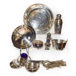Silver plated items including oval gallery tray, dish, deco bowl, shaker, cutlery etc