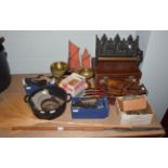 Assorted metalwares etc to include, a miniature bench, cast iron kitchen scales, leather vanity case