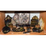A quantity of Victorian and later papier mache items, mainly with chinoiserie decoration including