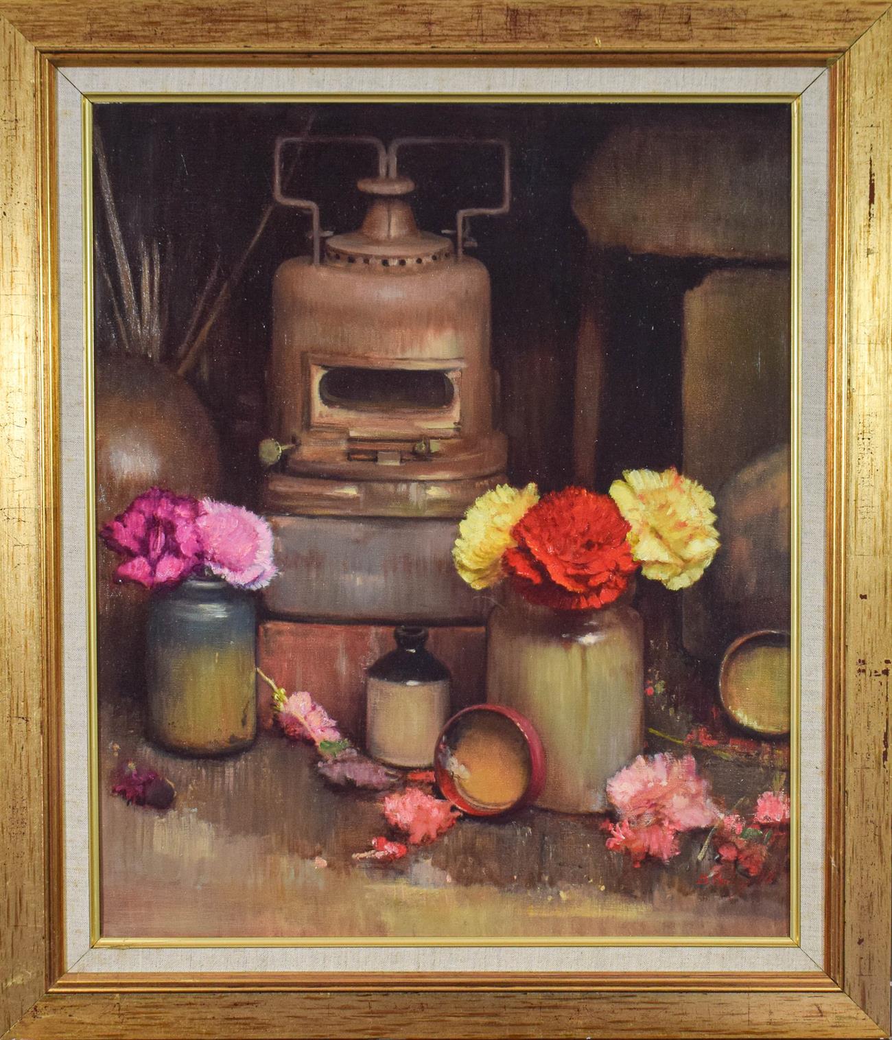 Bohuslav Barlow RA (b.1947) ''Lamp and Flowers'' Signed and dated (19)97, oil on canvas, 60cm by
