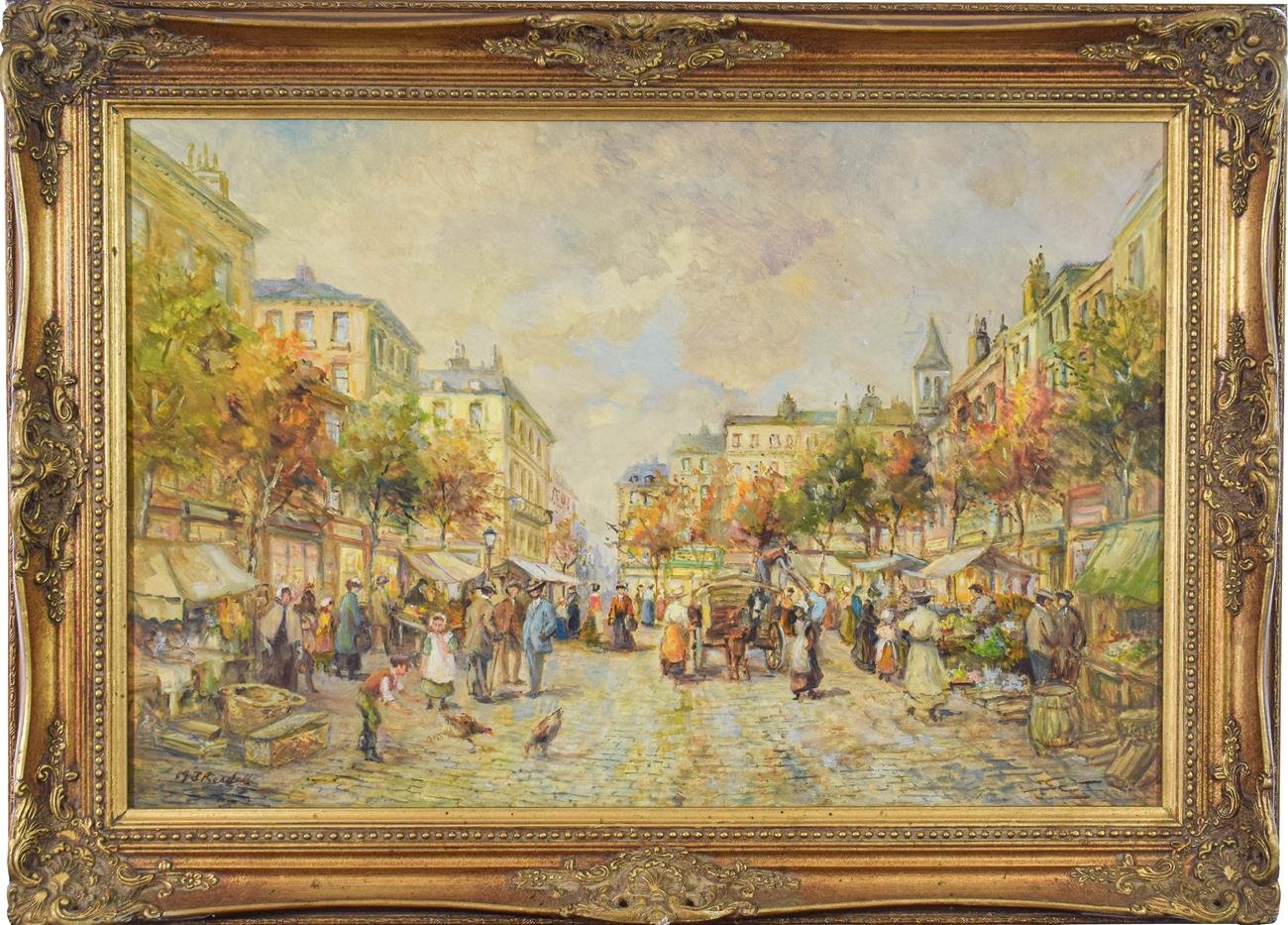 MJ Rendall (20th century) Parisian street market scene Signed oil on board, 49.5cm by 75cm Artist'