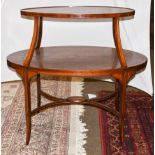 An Edwardian satinwood oval marquetry inlaid etagere, 86cm by 55cm by 83cm