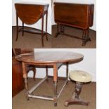 A 19th century rosewood drop leaf table with brass inlay, raised on turned supports, 115cm by