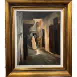 (Contemporary) Moresque scene with figures in an alleyway, oil on canvas, indistinctly signed,