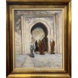 (Contemporary) Moresque scene with figures under an archway, oil on canvas, indistinctly signed