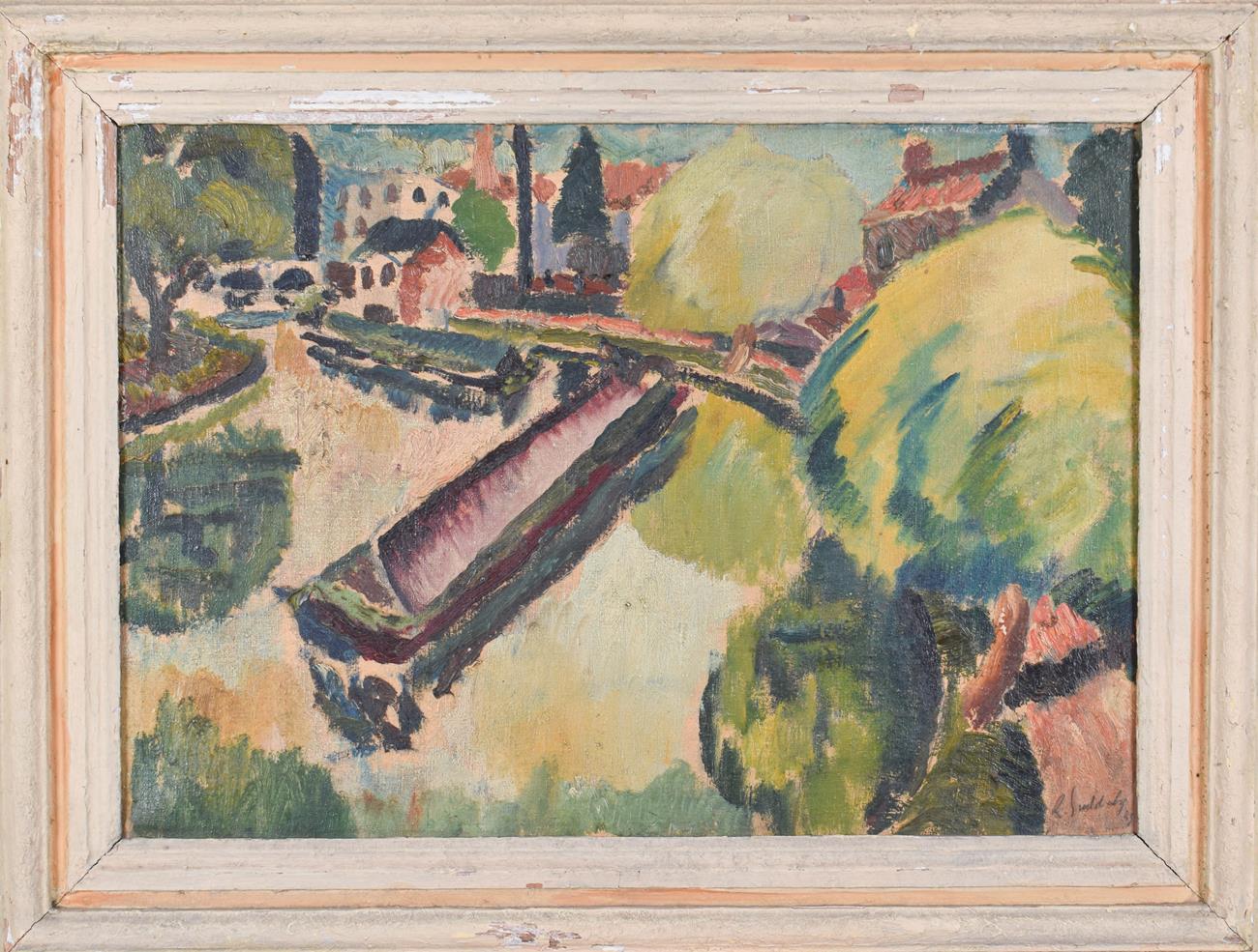 Rowland Suddaby (1912-1972) Canal boat Signed and dated (19)45, oil on canvas, 45.5cm by 63.5cm