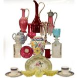 A quantity of ruby glassware, vaseline pieces, a Poole vase, pair of candlesticks, etc (two trays