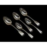 Three Georgian silver table spoons and two others