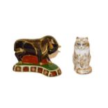 Royal Crown Derby: Bull form paperweight, with gold stopper, together with Fifi, a cat paperweight
