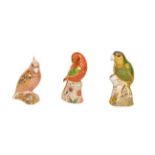 Royal Crown Derby: Three bird paperweights, Amazon Green Parrot No. 1688/2500, Lorikeet No. 451/