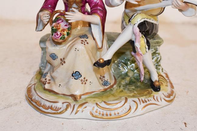 A tray of Continental porcelain figures including a Meissen style figure of a seated shepherd and - Image 5 of 32