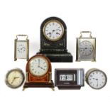 A Victorian marble striking mantle clock, a Smith dash board timepiece, a brass carriage