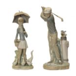 A Lladro figure of a golfer, model number D-14D, and a girl & geese (2)