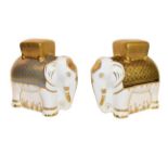 Royal Crown Derby Paperweights: Two elephants both ''Aura'', each with gold stoppers and 16cm high