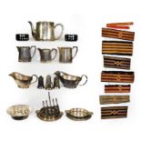 Shaw Savill Line Metalware Group teapot, three dishes, two gravy boats, toast rack, three milk jugs,