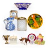 Mixed lot of silver, glass and crockery etc including Masons, Poole, Royal Winton conserve jar,