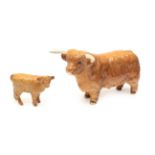 Beswick Cattle Comprising: Highland Bull, model No. 2008 and Highland Calf, model No. 1827D, both