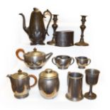 A Tudric Pewter three piece tea set, a quantity of Pewter, a reproduction Pat Scheney photograph