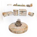 Collection of mother of pearl items including inkwell, trinket boxes and cylindrical boxes etc