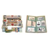 Edwardian postcard album, mixed circular coins, Victorian sampler and vintage playing cards