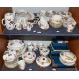 Two shelves of Royal Worcester Evesham pattern dinner and tea wares including tureens, egg coddlers,