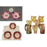 Assorted ceramics including three Rockingham gadroon and shell moulded plates, red griffin marks
